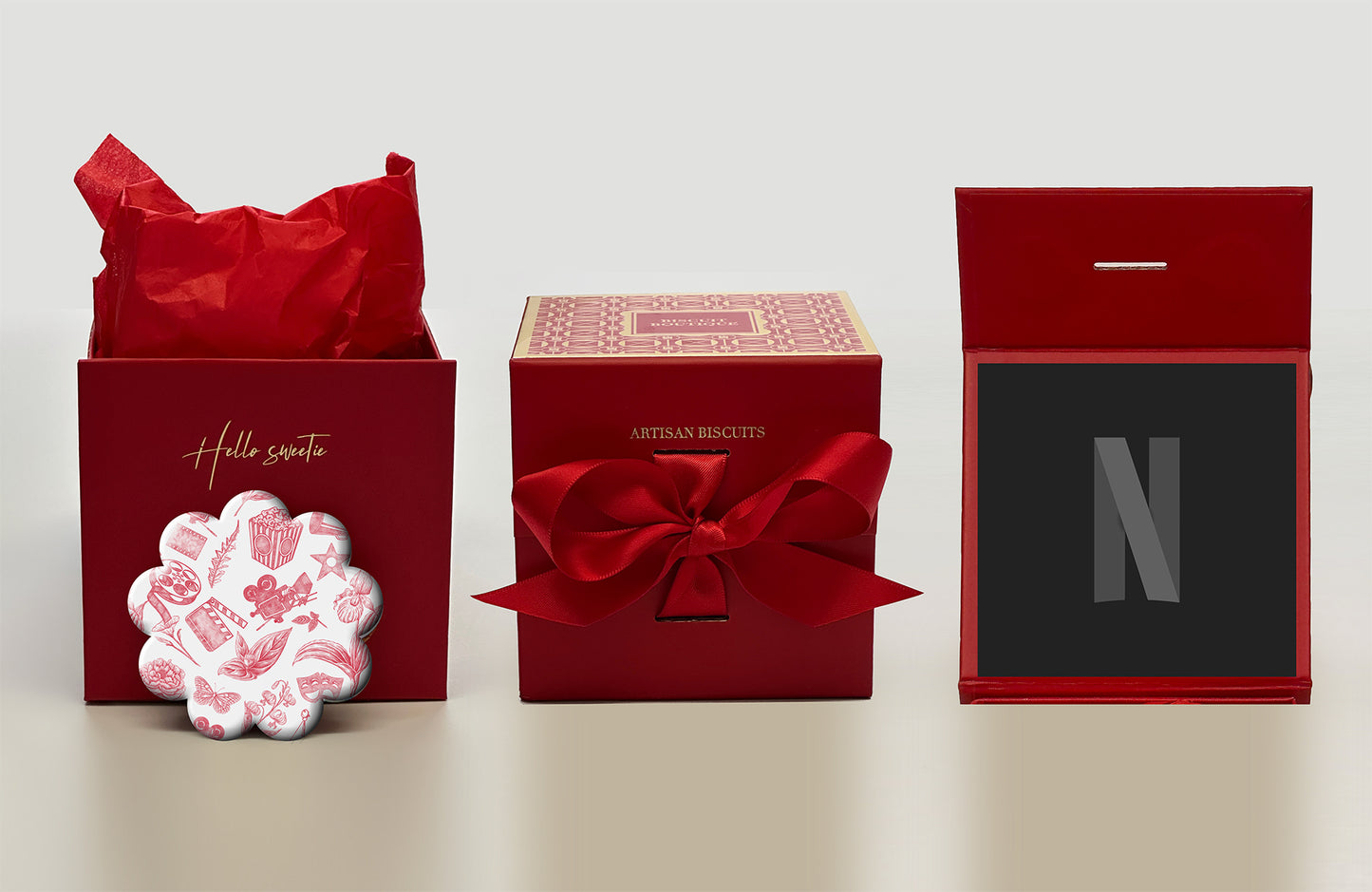 83 boxes of bespoke biscuits (9pcs) in Red magnetic boxes with Netflix logo inside the lid | Netflix
